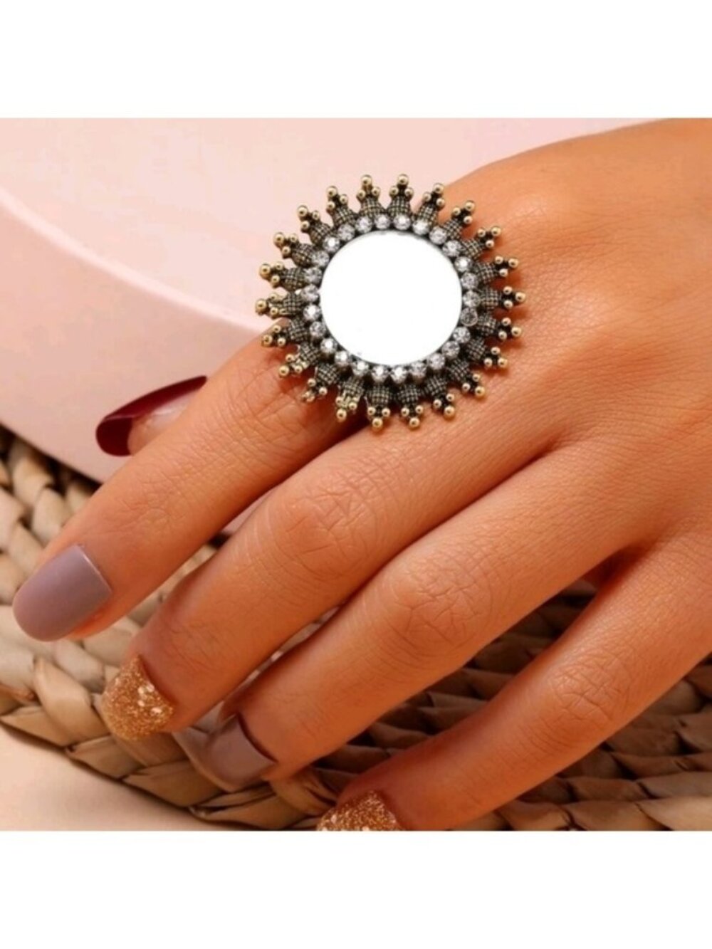 Large Vintage-Inspired Sunflower Mirror Statement Cocktail Ring Boho Bohemian OS